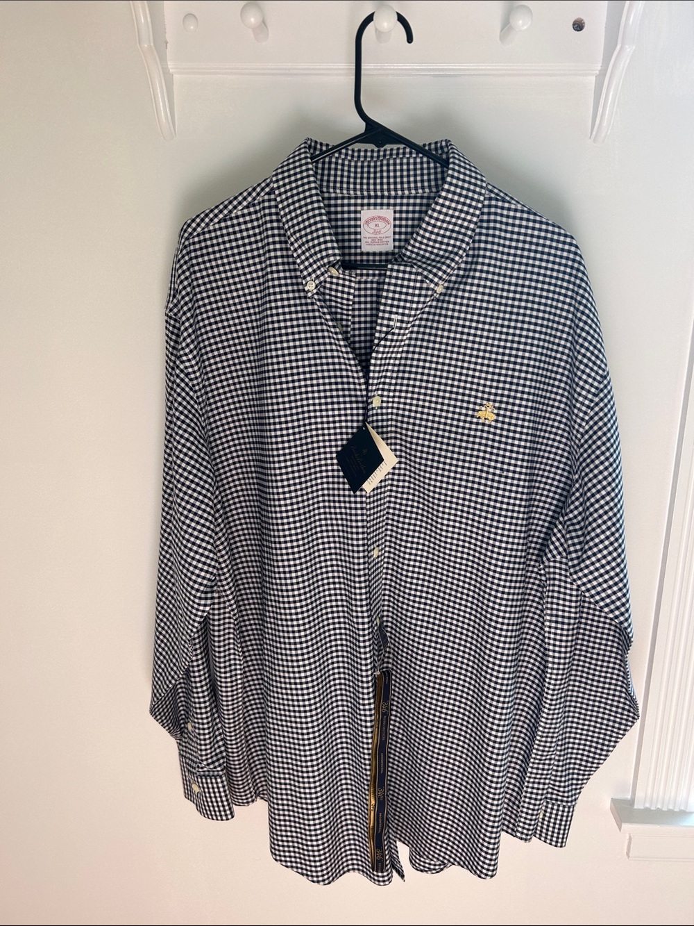 Brooks Brothers Navy Blue and White Gingham Button-Down Shirt with Gold Logo